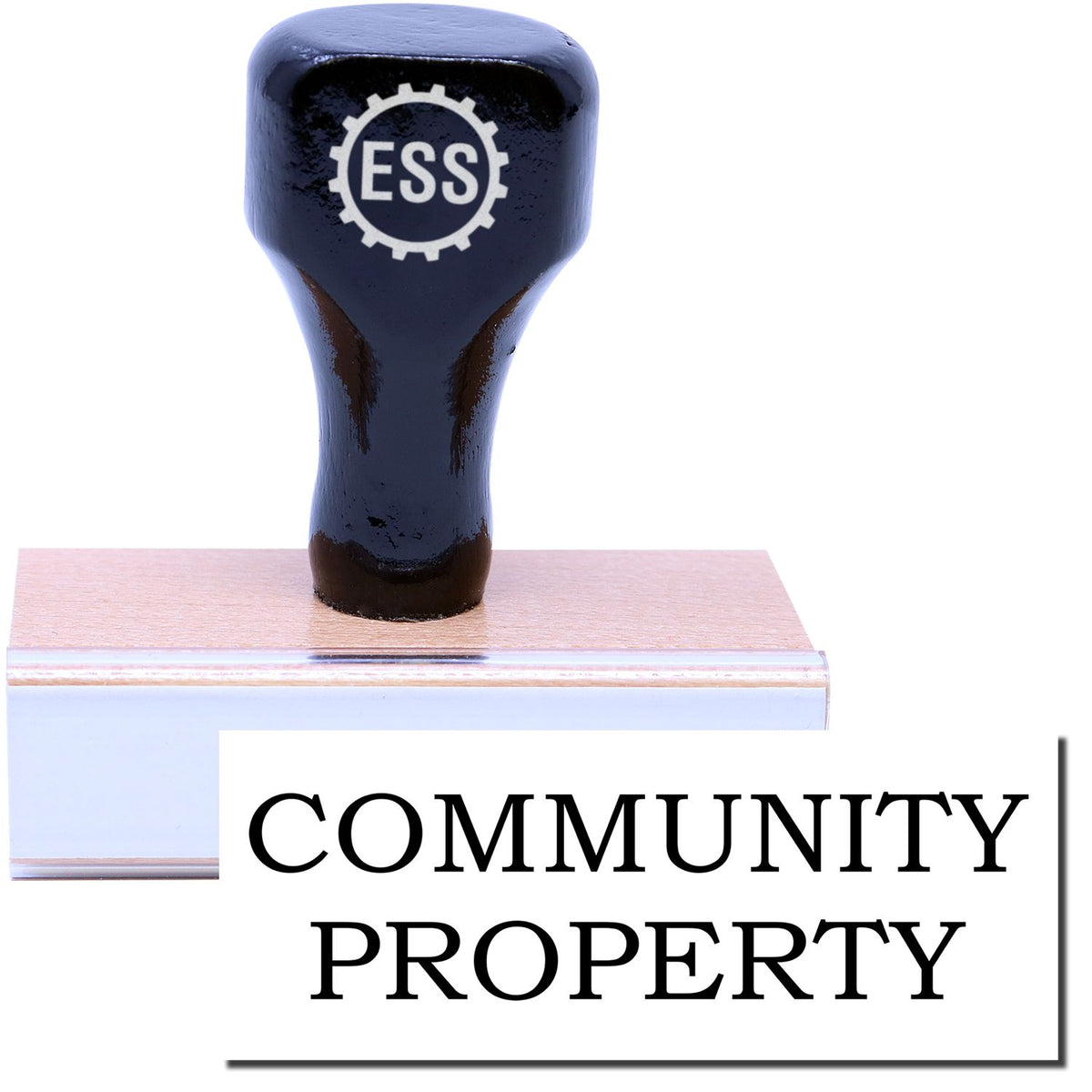 A stock office rubber stamp with a stamped image showing how the text &quot;COMMUNITY PROPERTY&quot; is displayed after stamping.