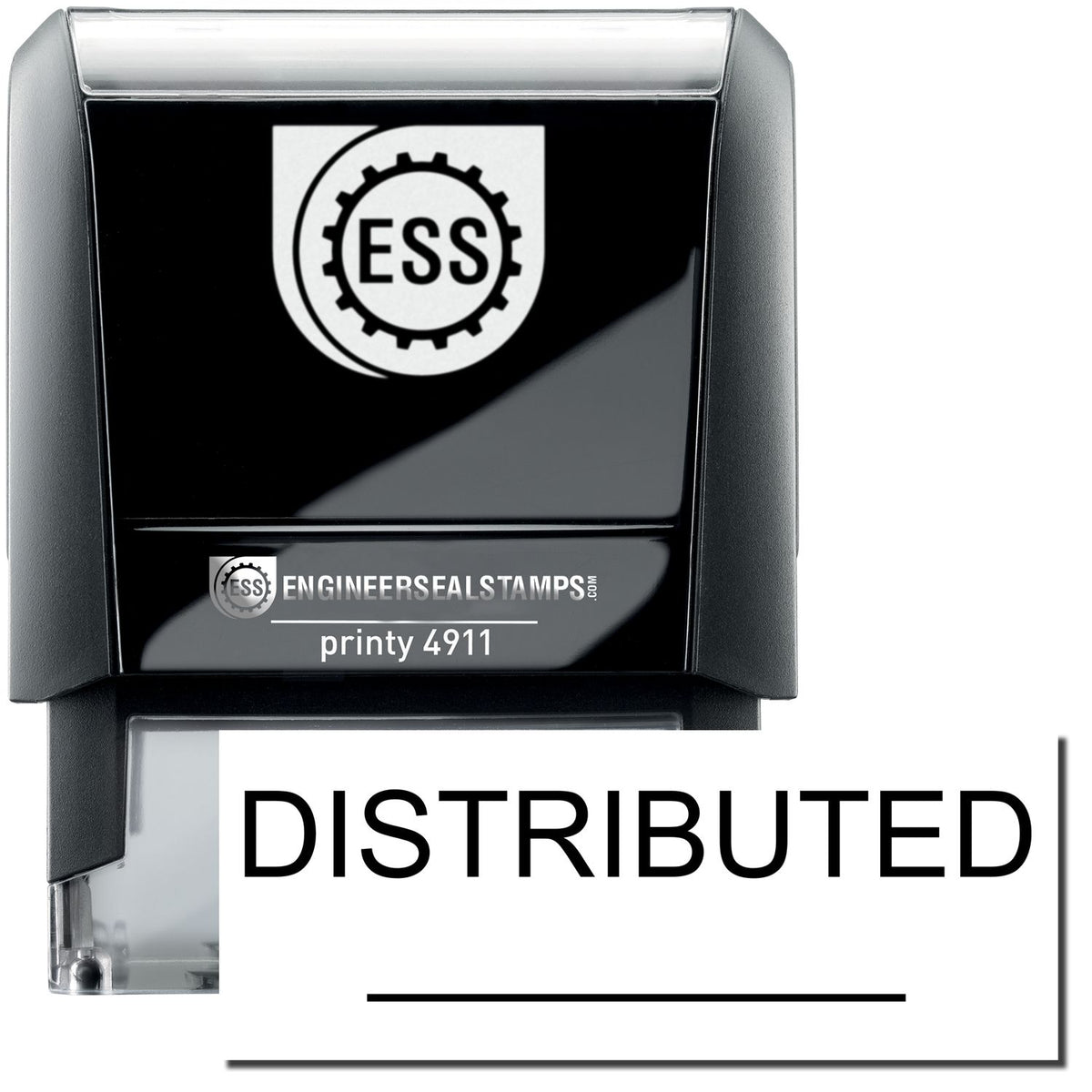 A self-inking stamp with a stamped image showing how the text &quot;DISTRIBUTED&quot; with a line under it is displayed after stamping.