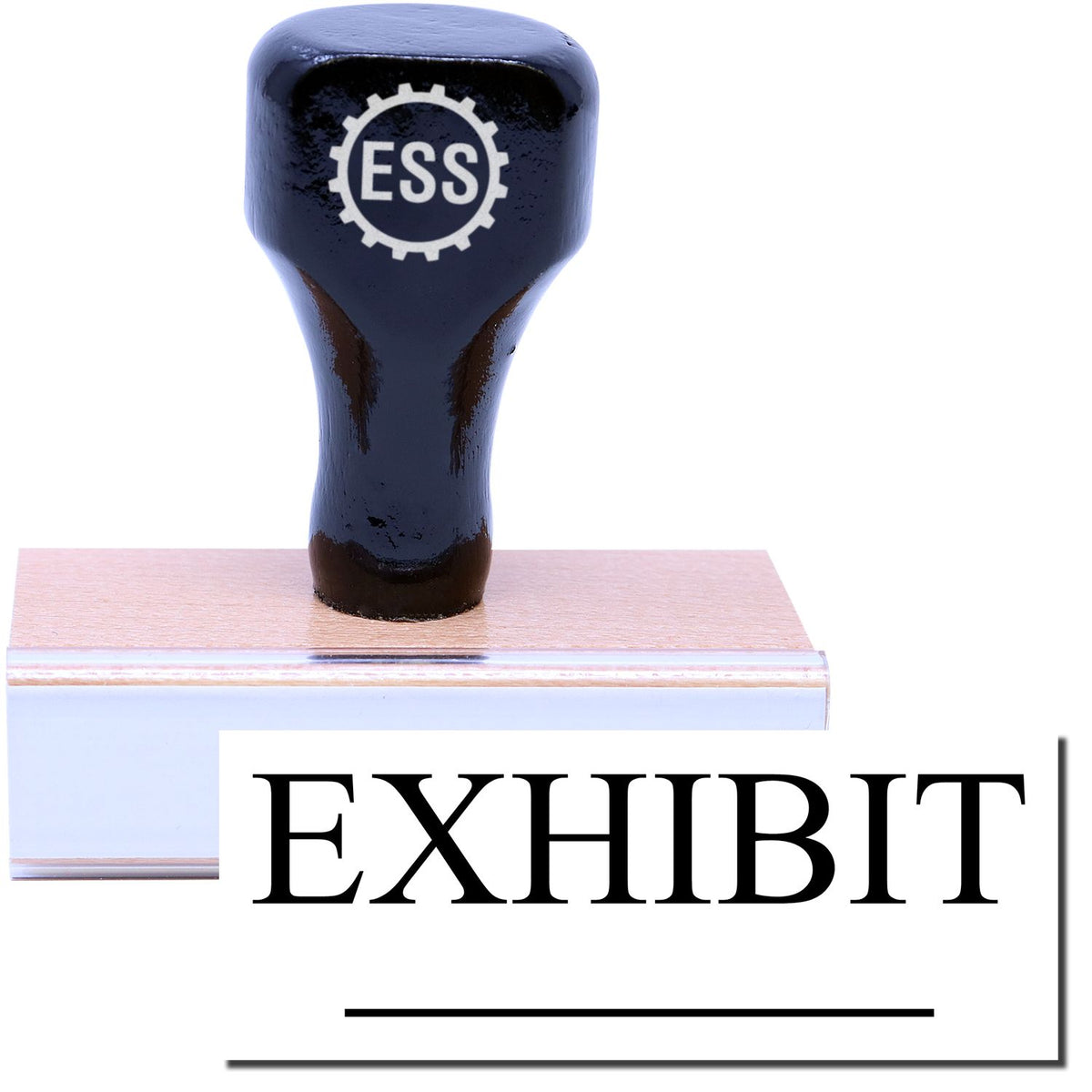 A stock office rubber stamp with a stamped image showing how the text &quot;EXHIBIT&quot; with a line underneath the text is displayed after stamping.