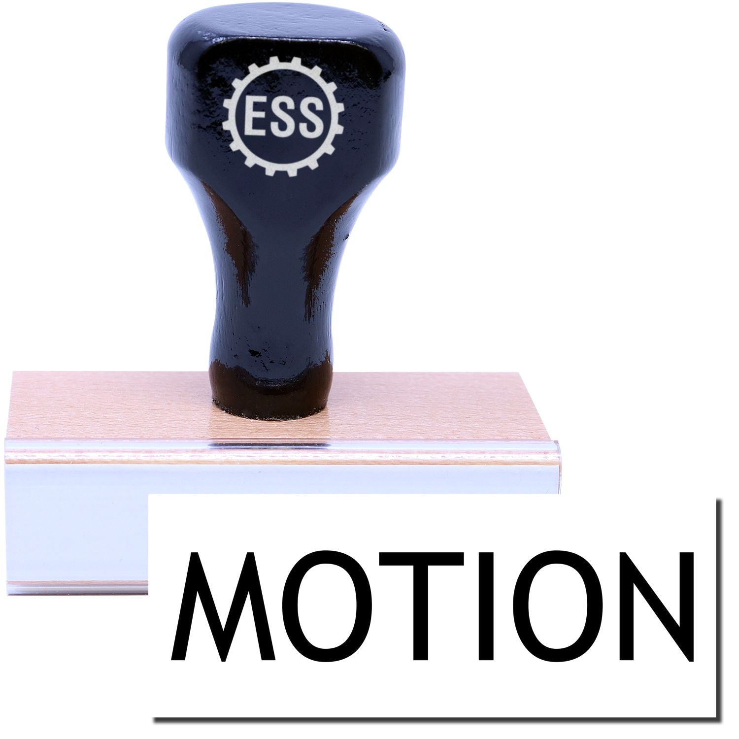 A stock office rubber stamp with a stamped image showing how the text MOTION is displayed after stamping.