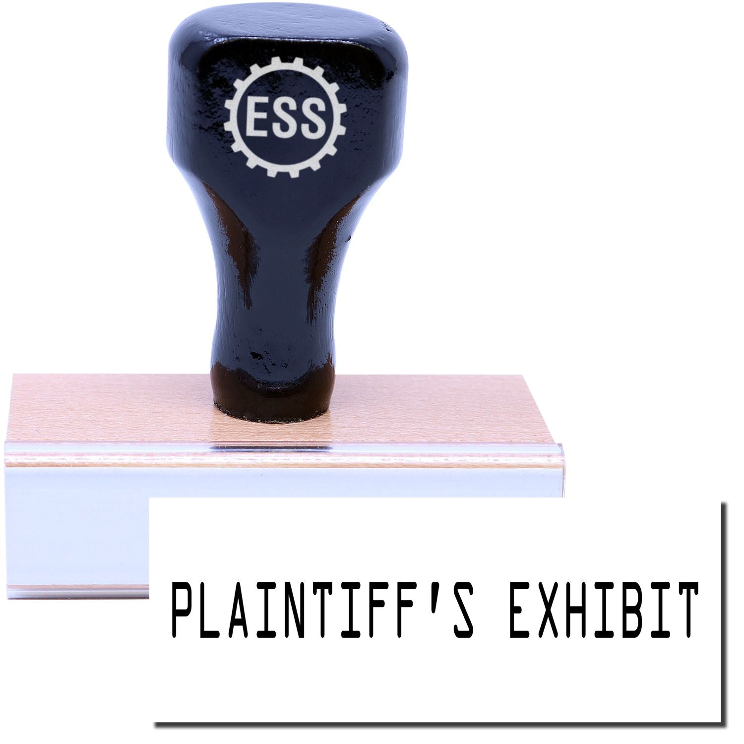 A stock office rubber stamp with a stamped image showing how the text "PLAINTIFF'S EXHIBIT" is displayed after stamping.