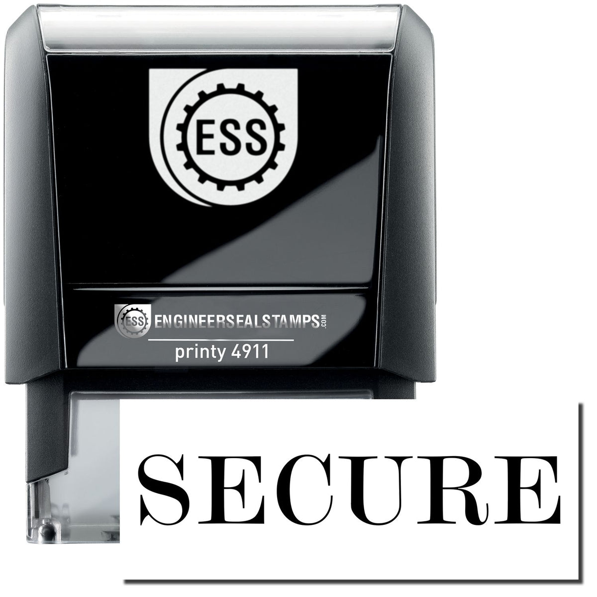 A self-inking stamp with a stamped image showing how the text &quot;SECURE&quot; is displayed after stamping.