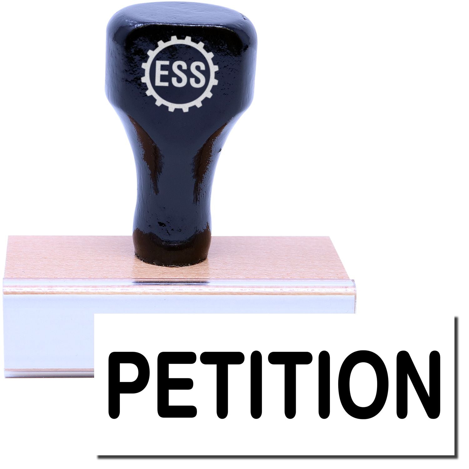 A stock office rubber stamp with a stamped image showing how the text "PETITION" is displayed after stamping.