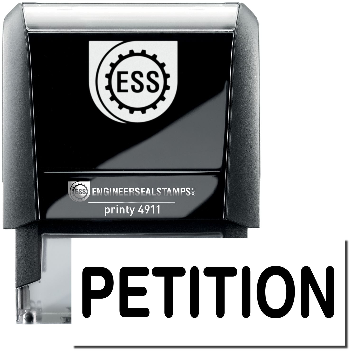 A self-inking stamp with a stamped image showing how the text "PETITION" is displayed after stamping.