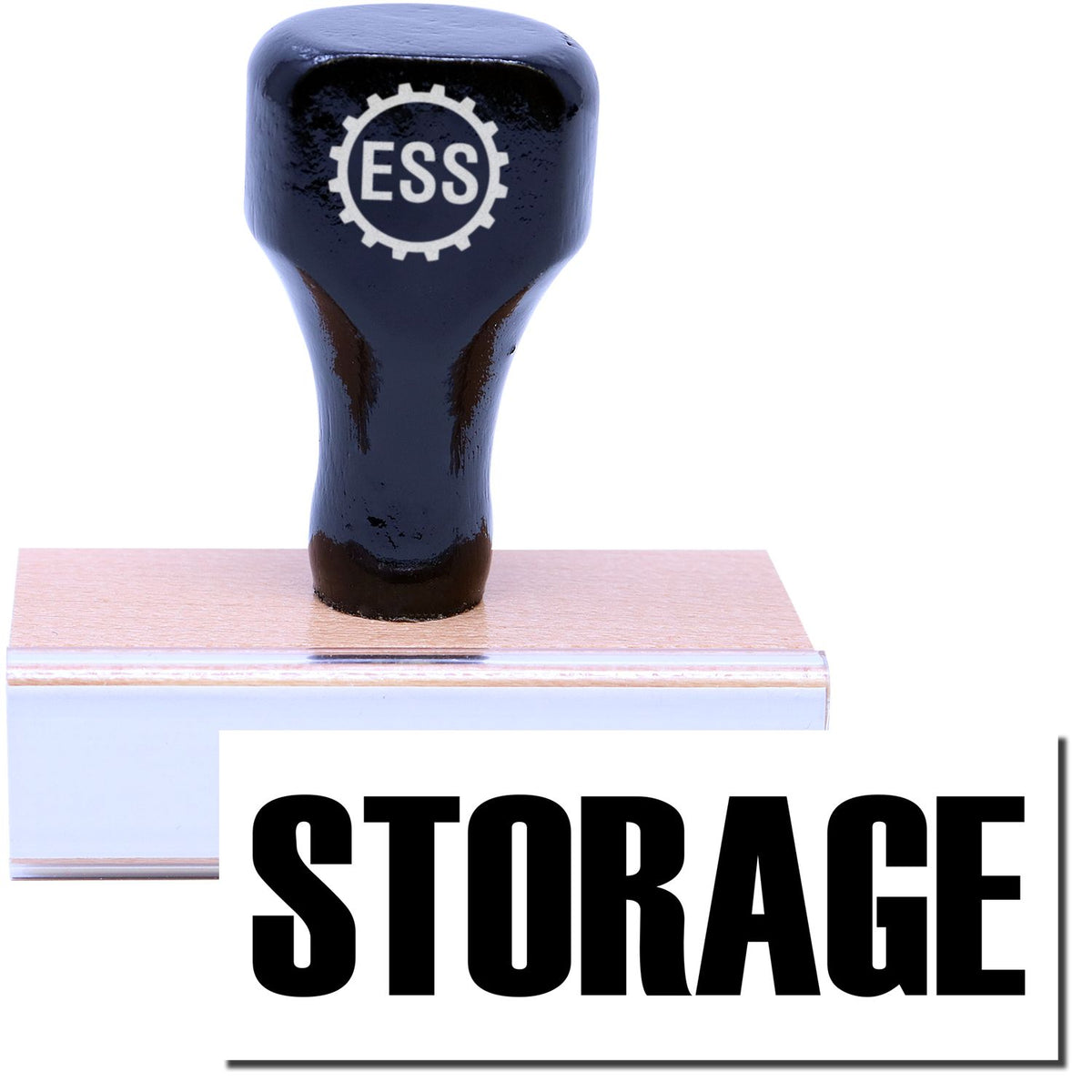 A stock office rubber stamp with a stamped image showing how the text &quot;STORAGE&quot; is displayed after stamping.
