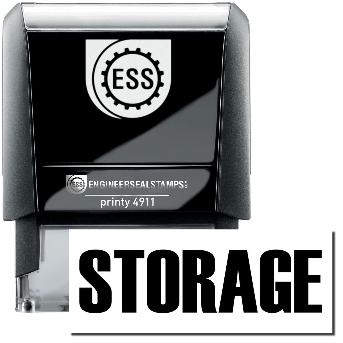 A self-inking stamp with a stamped image showing how the text &quot;STORAGE&quot; is displayed after stamping.
