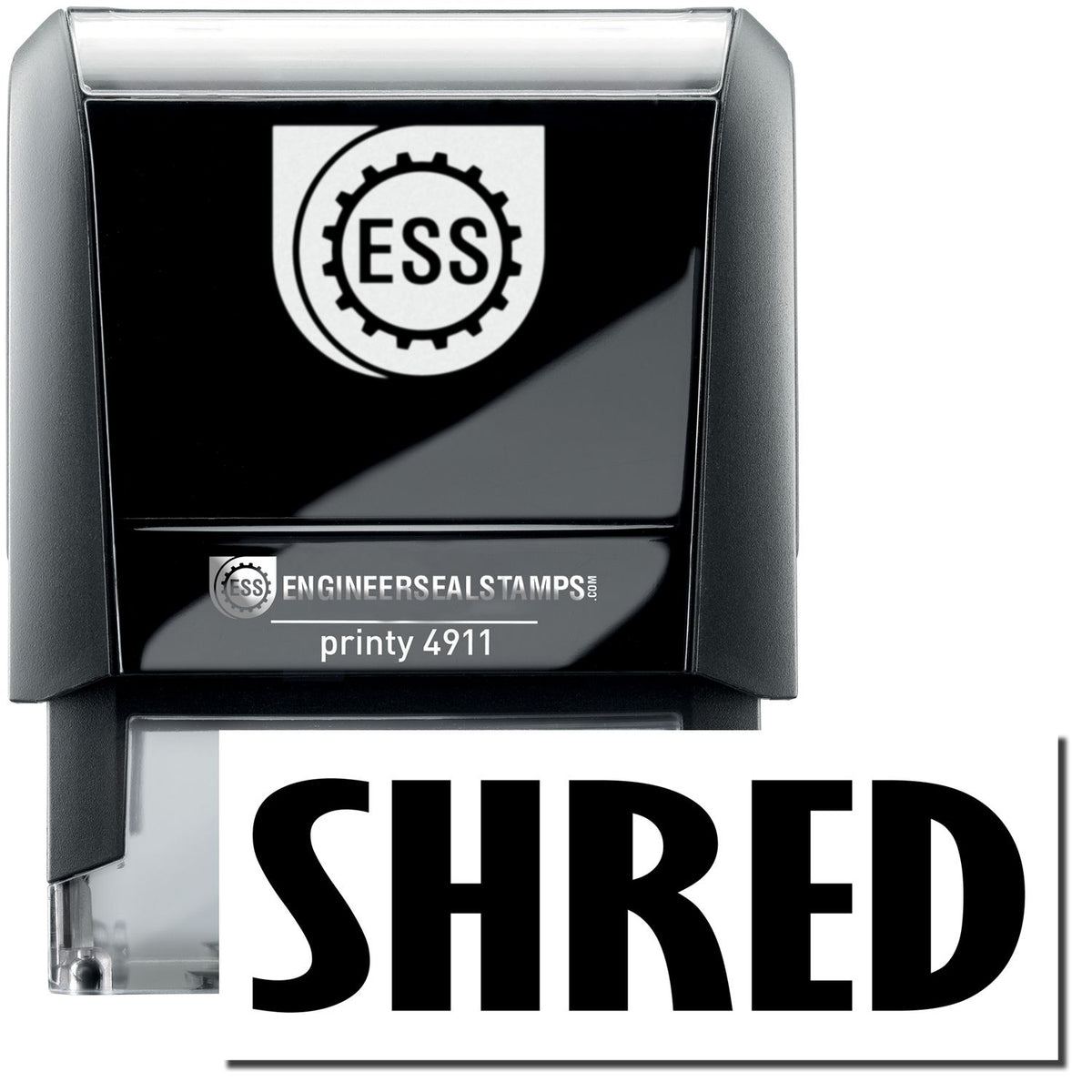 A self-inking stamp with a stamped image showing how the text &quot;SHRED&quot; is displayed after stamping.