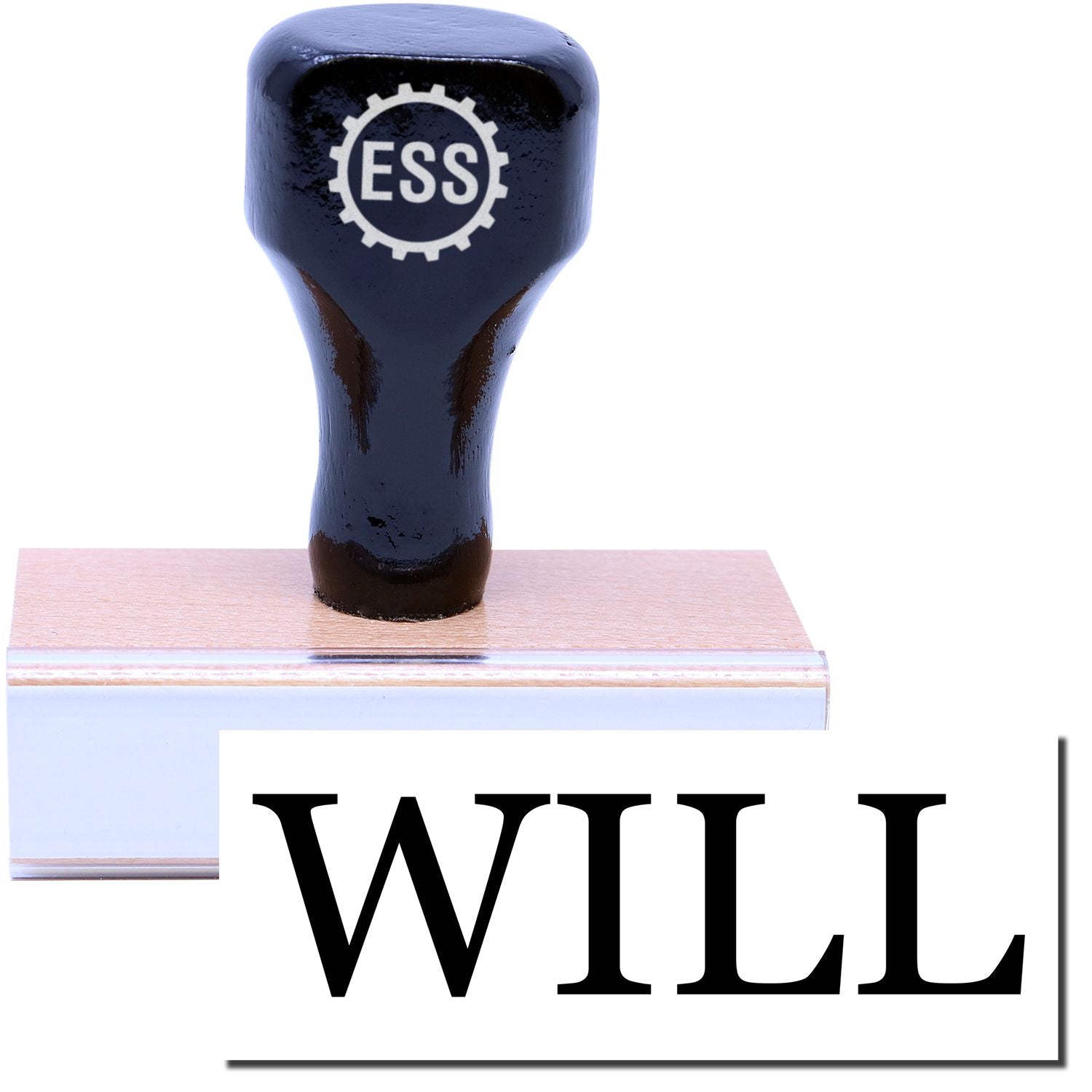 A stock office legal rubber stamp with a stamped image showing how the text "WILL" is displayed after stamping.