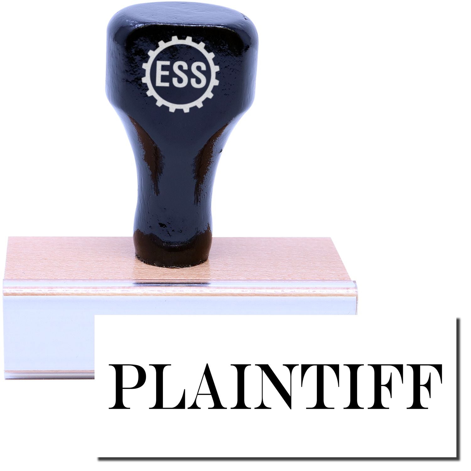 A stock office rubber stamp with a stamped image showing how the text PLAINTIFF is displayed after stamping.