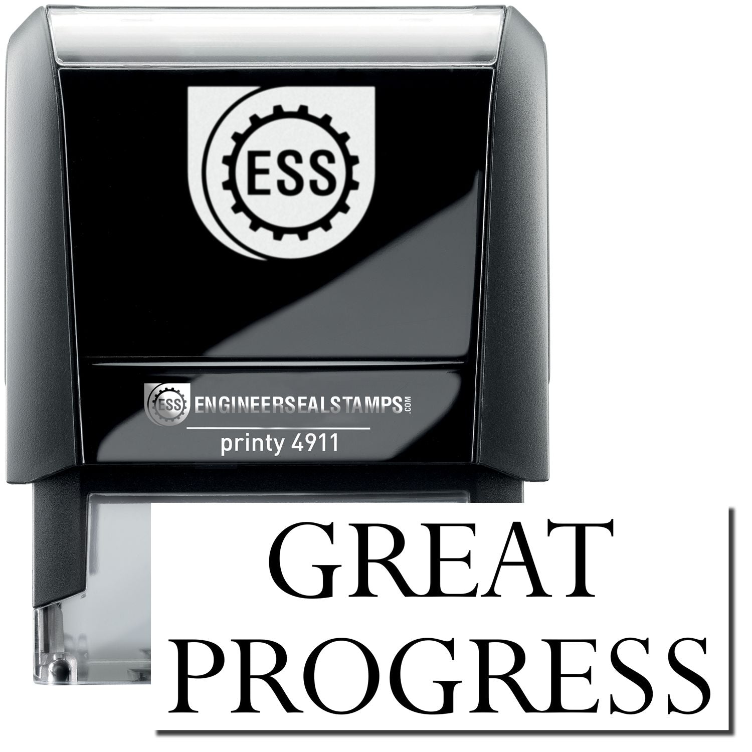 A self-inking stamp with a stamped image showing how the text GREAT PROGRESS is displayed after stamping.