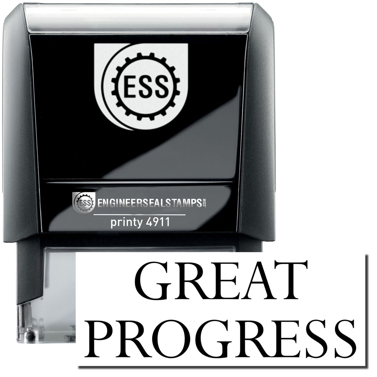 A self-inking stamp with a stamped image showing how the text &quot;GREAT PROGRESS&quot; is displayed after stamping.