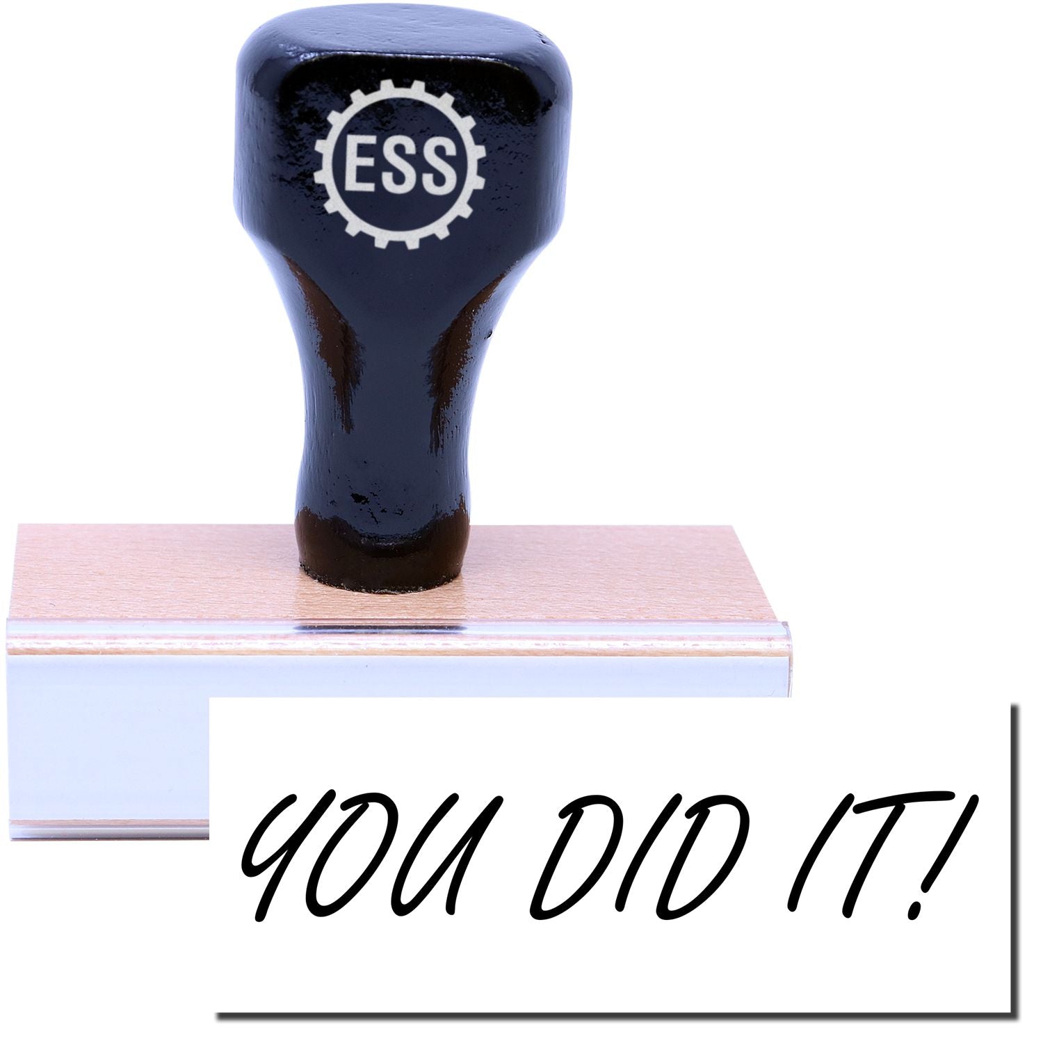 A stock office rubber stamp with a stamped image showing how the text YOU DID IT! is displayed after stamping.