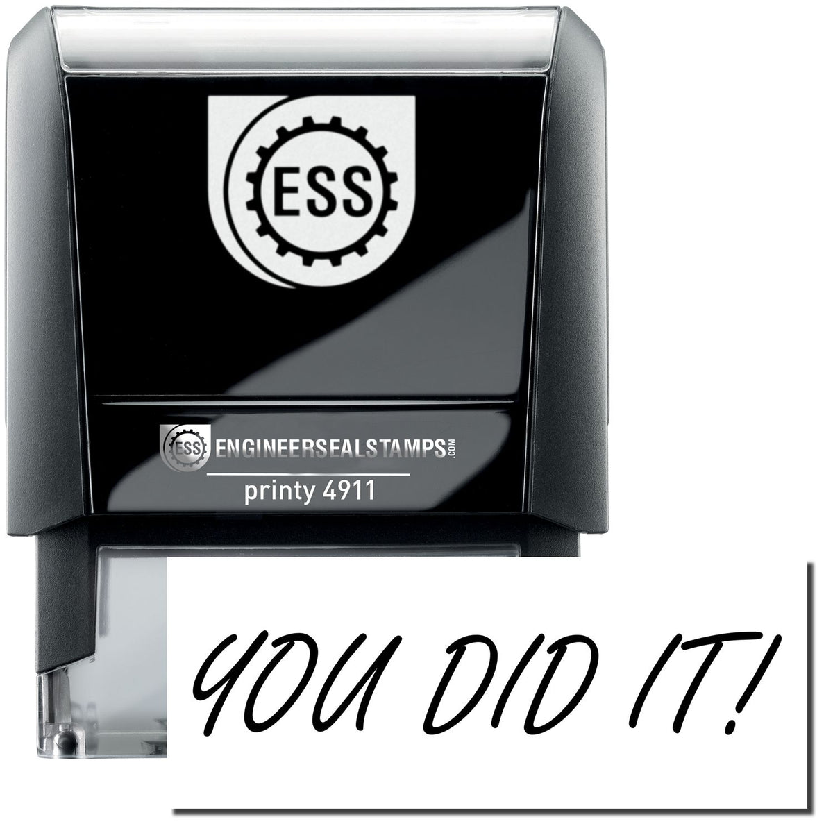 A self-inking stamp with a stamped image showing how the text &quot;YOU DID IT!&quot; is displayed after stamping.