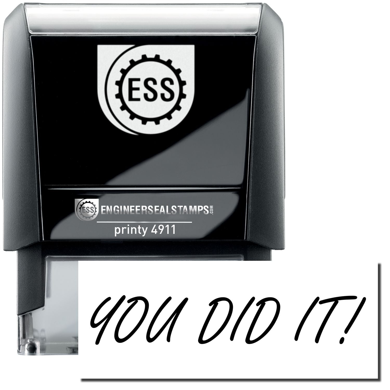 A self-inking stamp with a stamped image showing how the text "YOU DID IT!" is displayed after stamping.