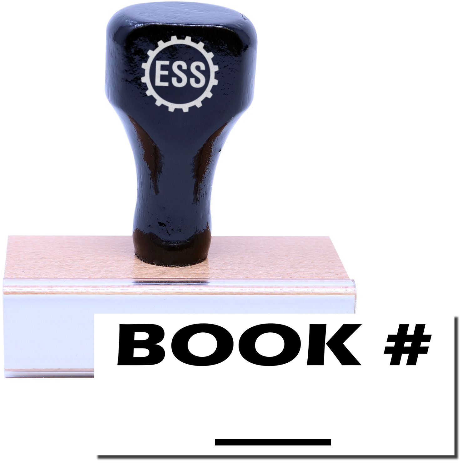 A stock office rubber stamp with a stamped image showing how the text "BOOK #" with a line under it is displayed after stamping.