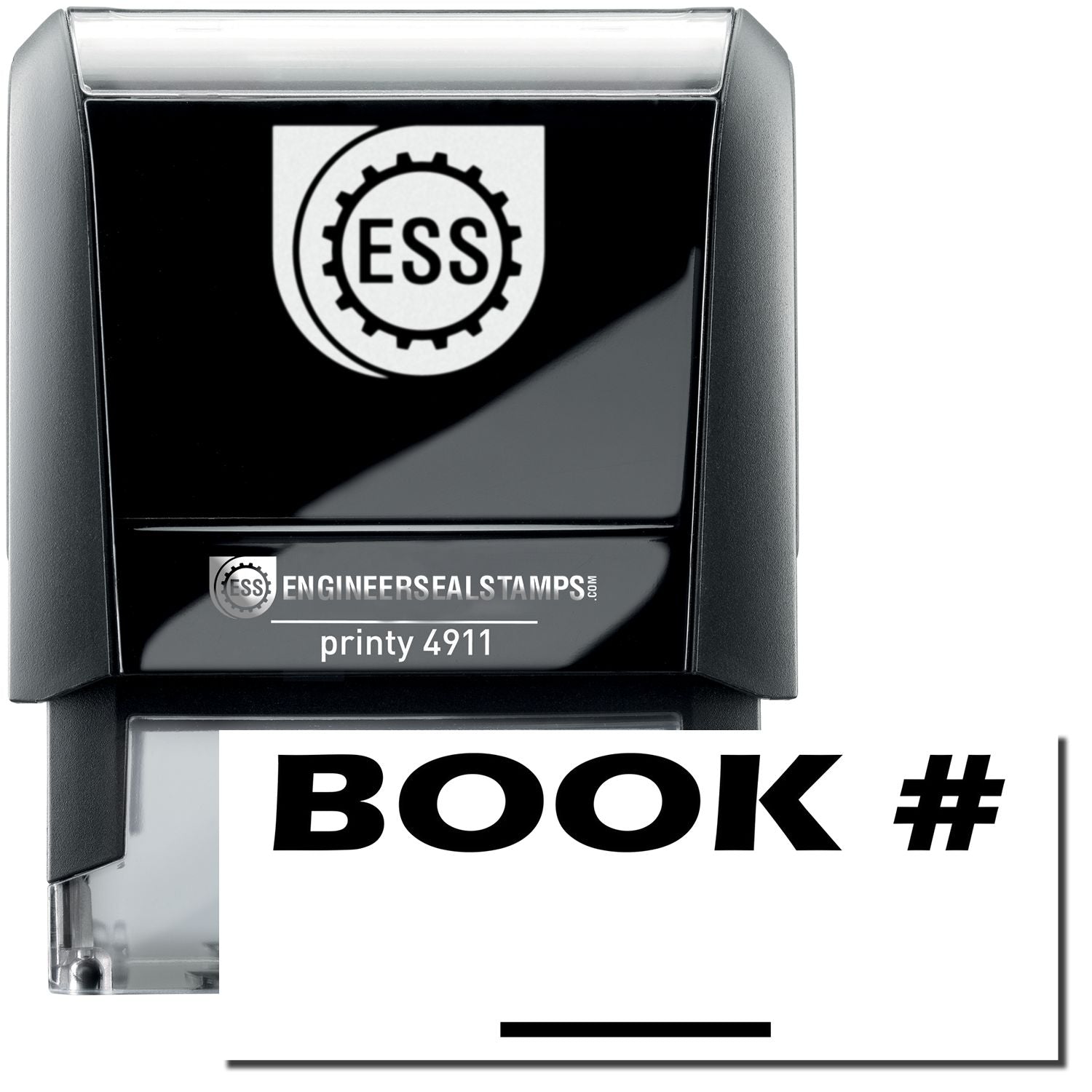 A self-inking stamp with a stamped image showing how the text BOOK # with a line under it is displayed after stamping.