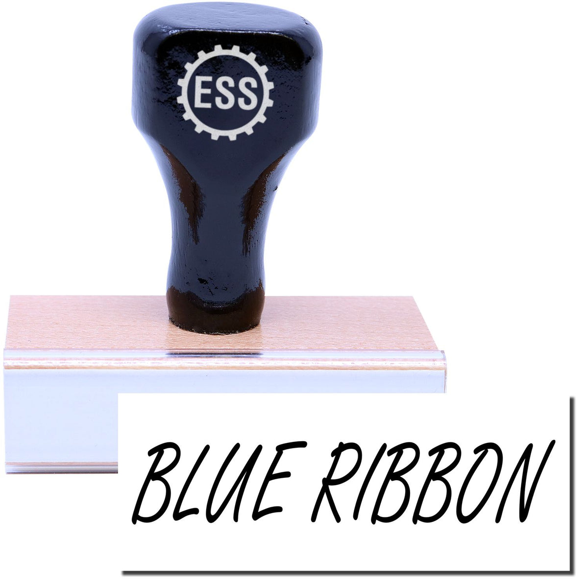 A stock office rubber stamp with a stamped image showing how the text &quot;BLUE RIBBON&quot; is displayed after stamping.