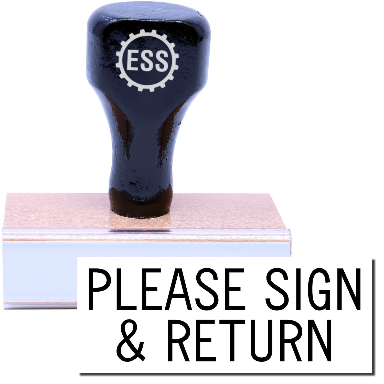 A stock office rubber stamp with a stamped image showing how the text "PLEASE SIGN & RETURN" is displayed after stamping.