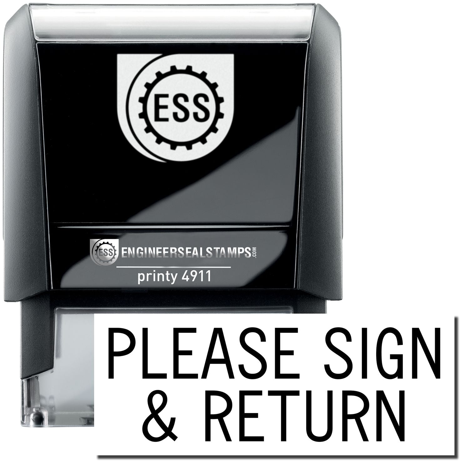 A self-inking stamp with a stamped image showing how the text "PLEASE SIGN & RETURN" is displayed after stamping.