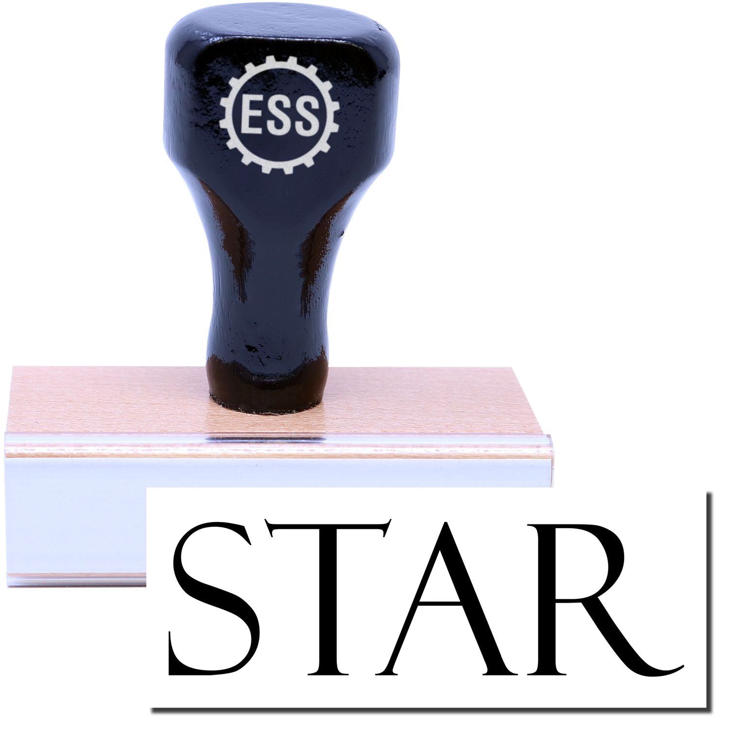 Star Rubber Stamp with a black wooden handle and ESS logo, placed on a wooden base, with the word STAR displayed prominently.