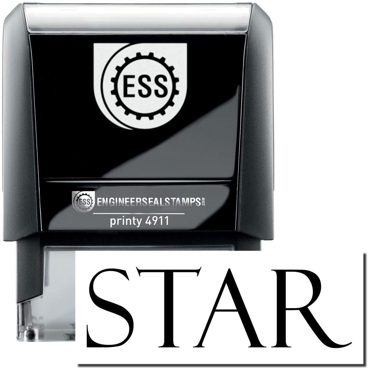 A self-inking stamp with a stamped image showing how the text &quot;STAR&quot; is displayed after stamping.