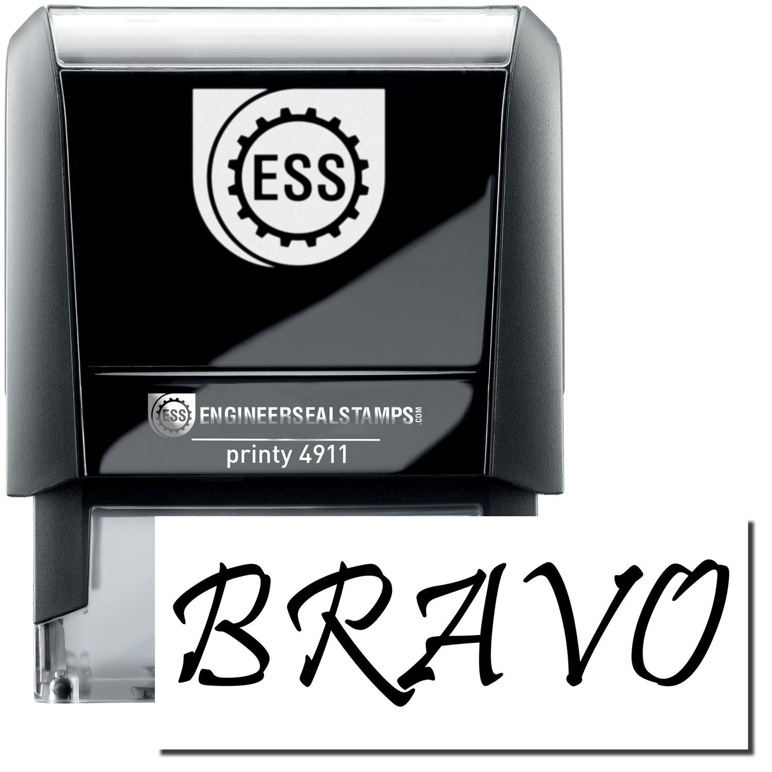 Self Inking Bravo Stamp with a black casing and clear base, featuring the ESS logo and the word "BRAVO" in bold, elegant font.