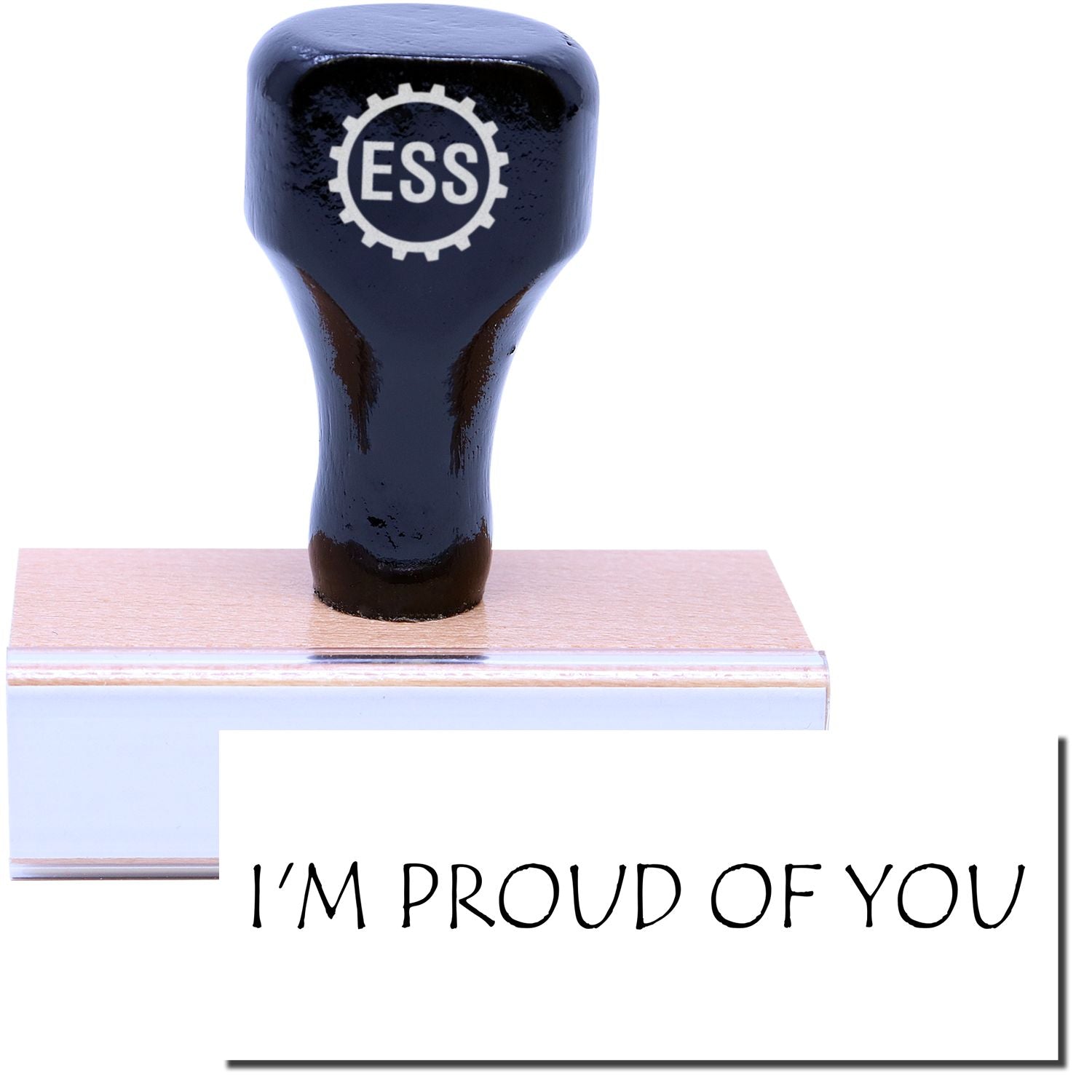 A stock office rubber stamp with a stamped image showing how the text I'M PROUD OF YOU is displayed after stamping.