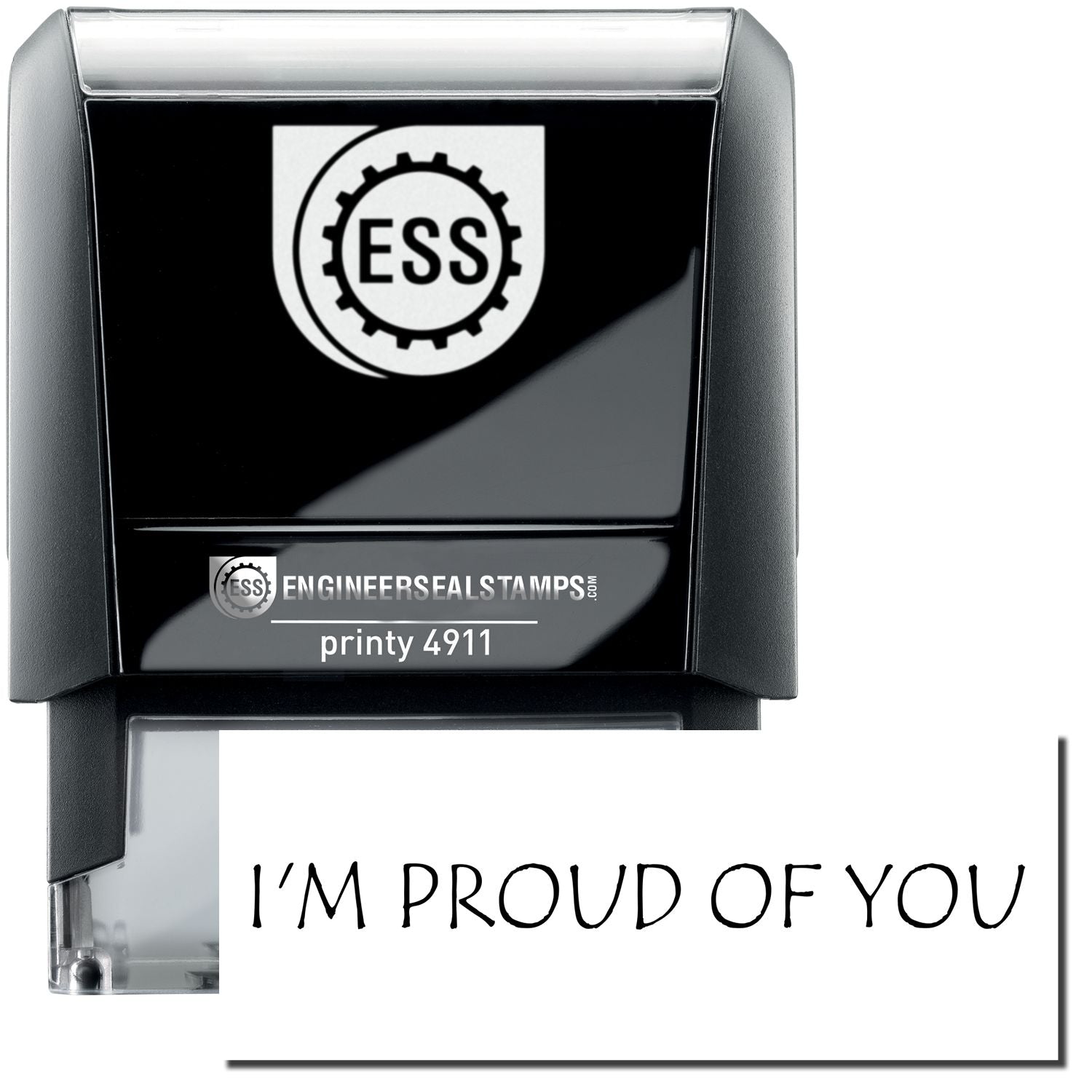 A self-inking stamp with a stamped image showing how the text I'M PROUD OF YOU is displayed after stamping.