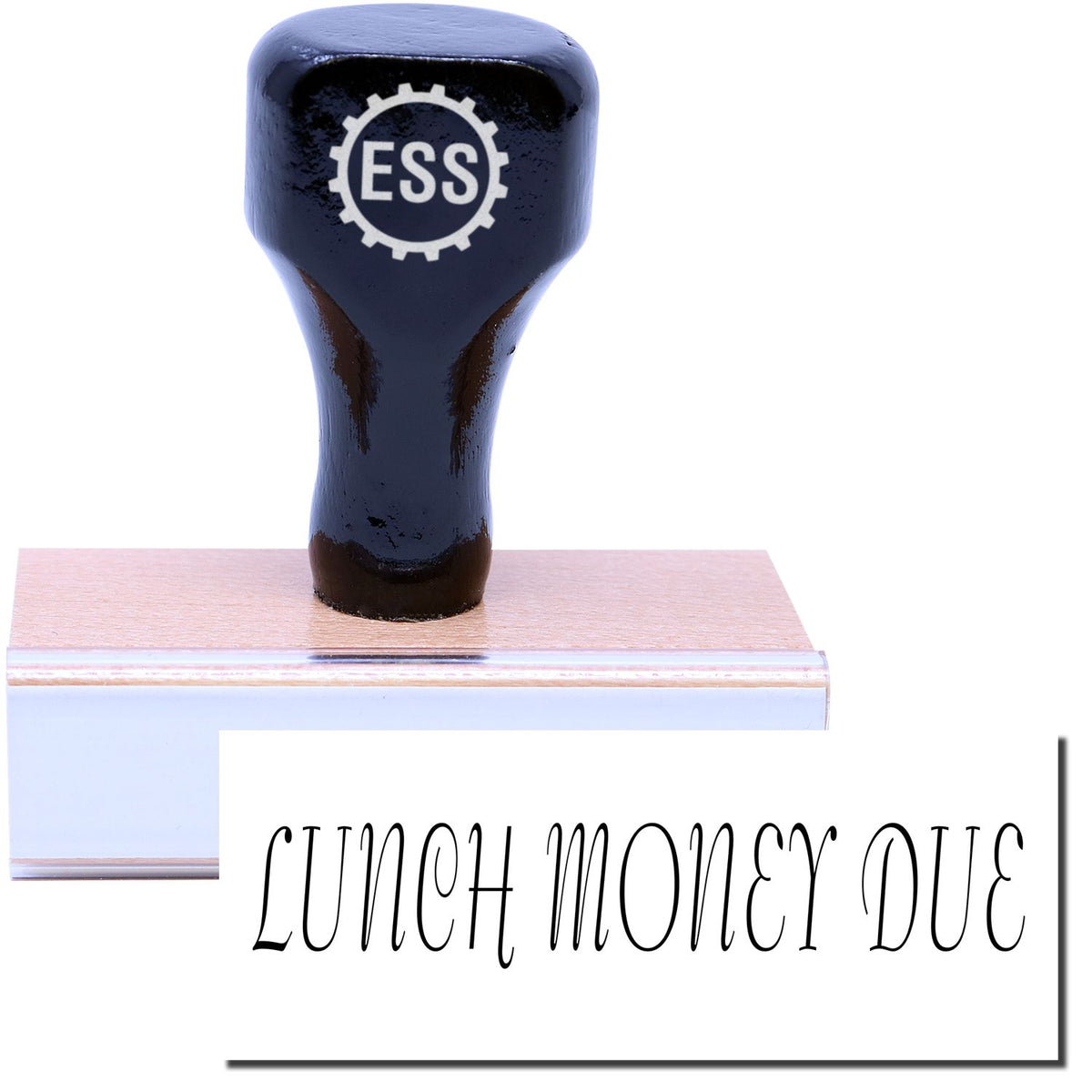 A stock office rubber stamp with a stamped image showing how the text &quot;LUNCH MONEY DUE&quot; is displayed after stamping.