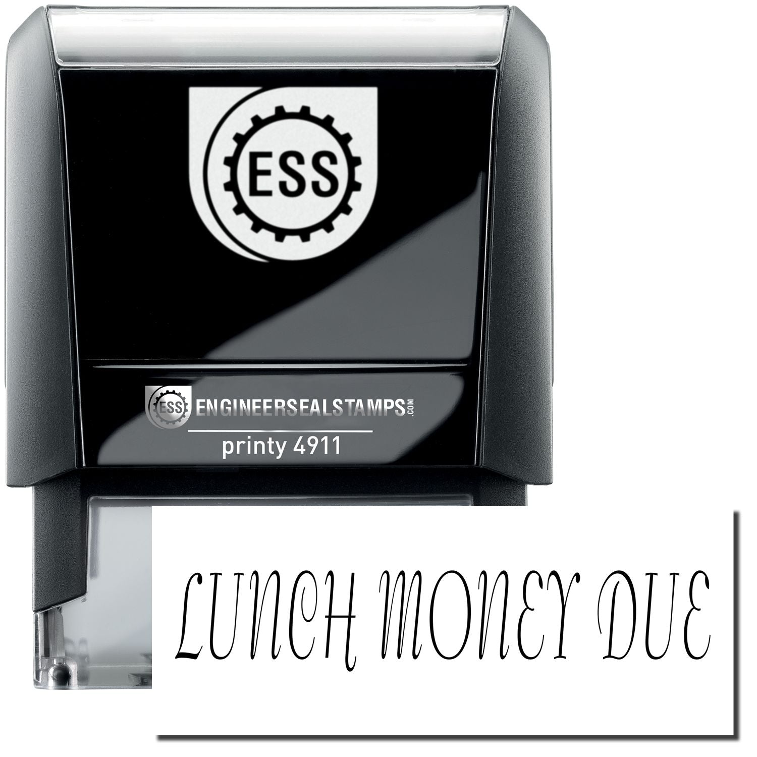 A self-inking stamp with a stamped image showing how the text "LUNCH MONEY DUE" is displayed after stamping.