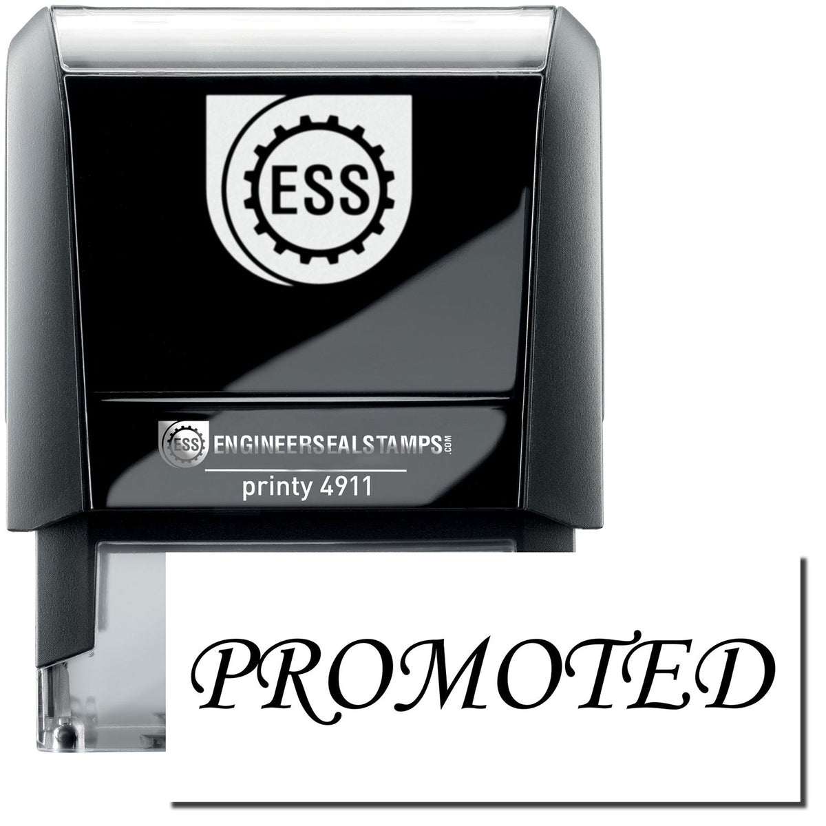 A self-inking stamp with a stamped image showing how the text &quot;PROMOTED&quot; is displayed after stamping.