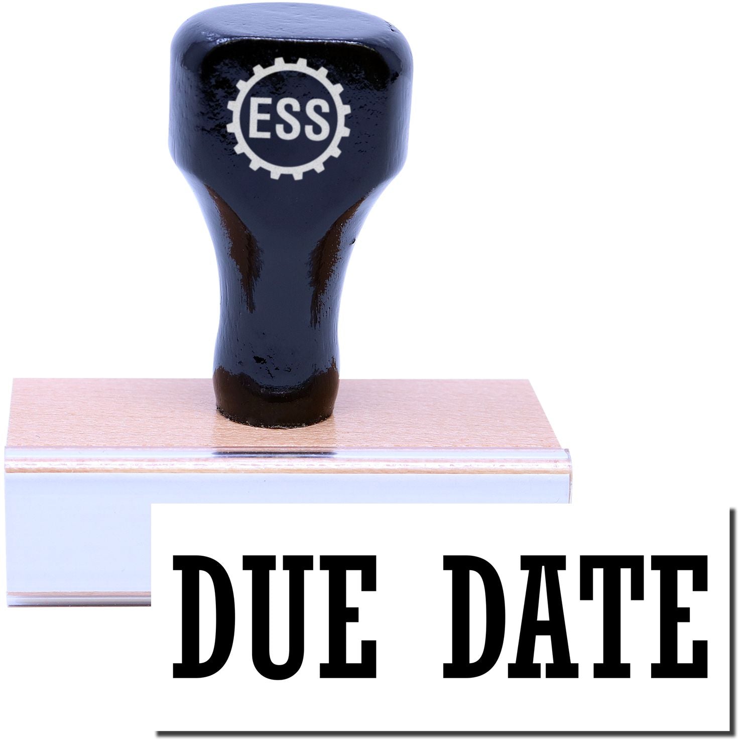 A stock office rubber stamp with a stamped image showing how the text DUE DATE is displayed after stamping.