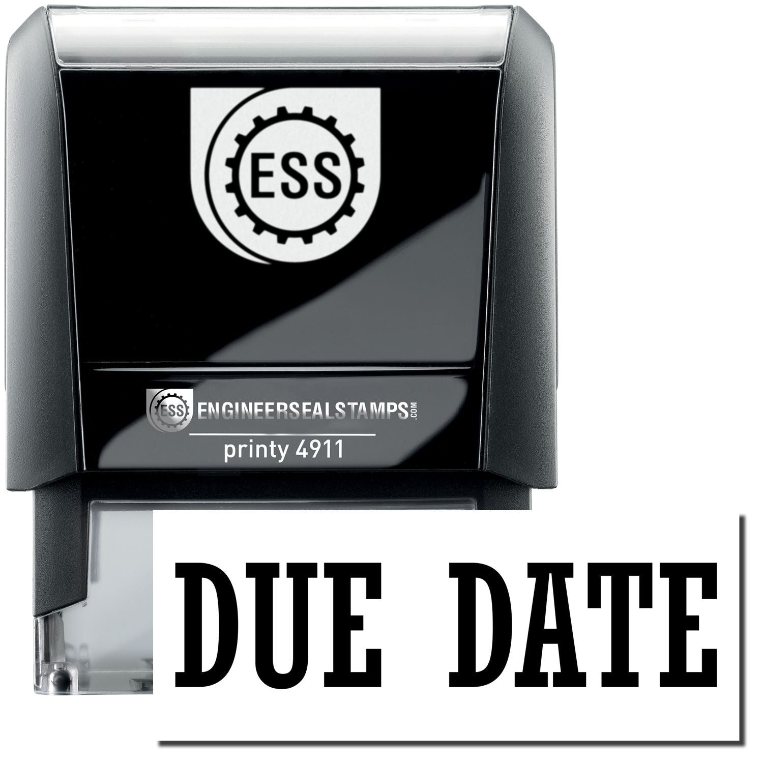 A self-inking stamp with a stamped image showing how the text DUE DATE is displayed after stamping.