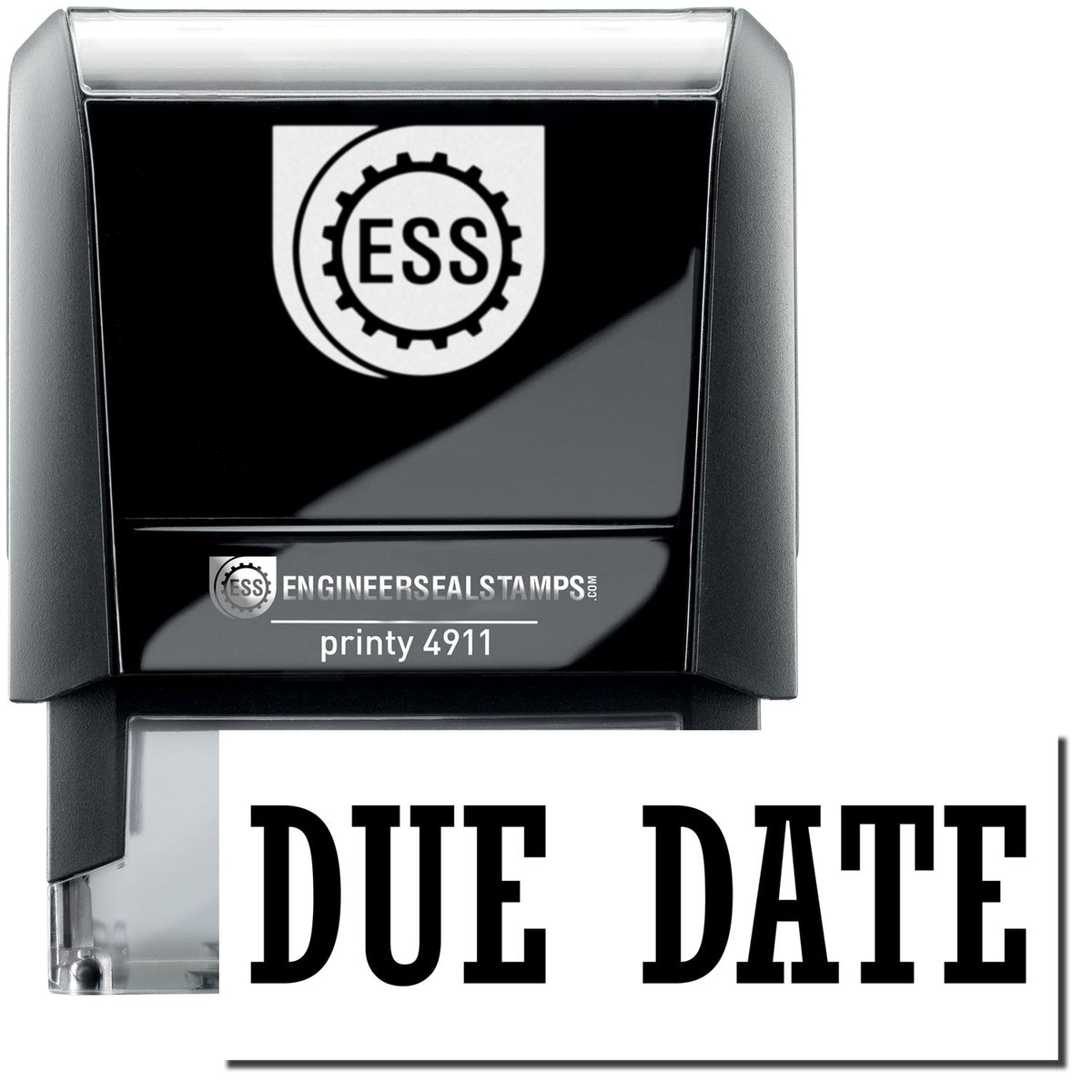 A self-inking stamp with a stamped image showing how the text &quot;DUE DATE&quot; is displayed after stamping.
