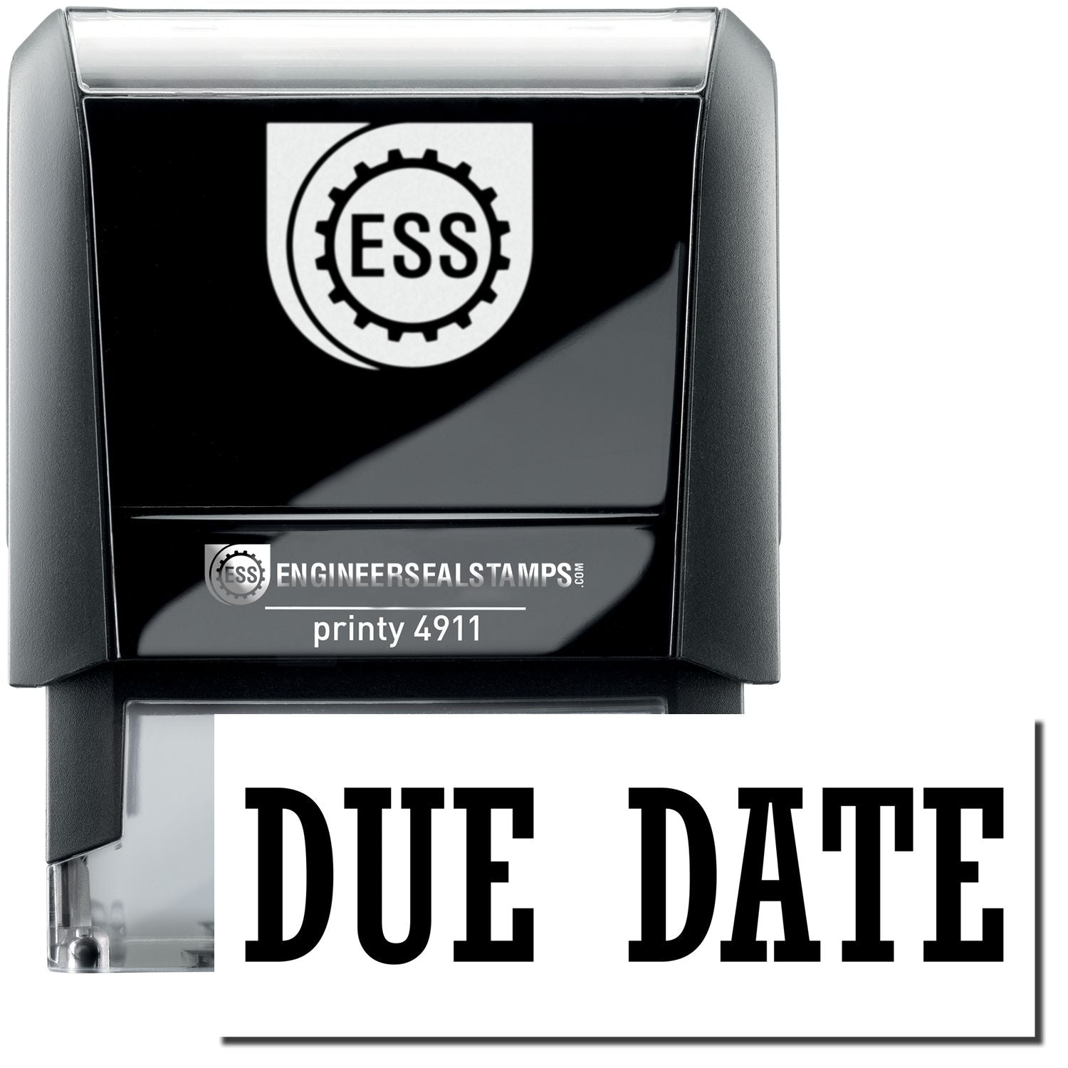 A self-inking stamp with a stamped image showing how the text "DUE DATE" is displayed after stamping.