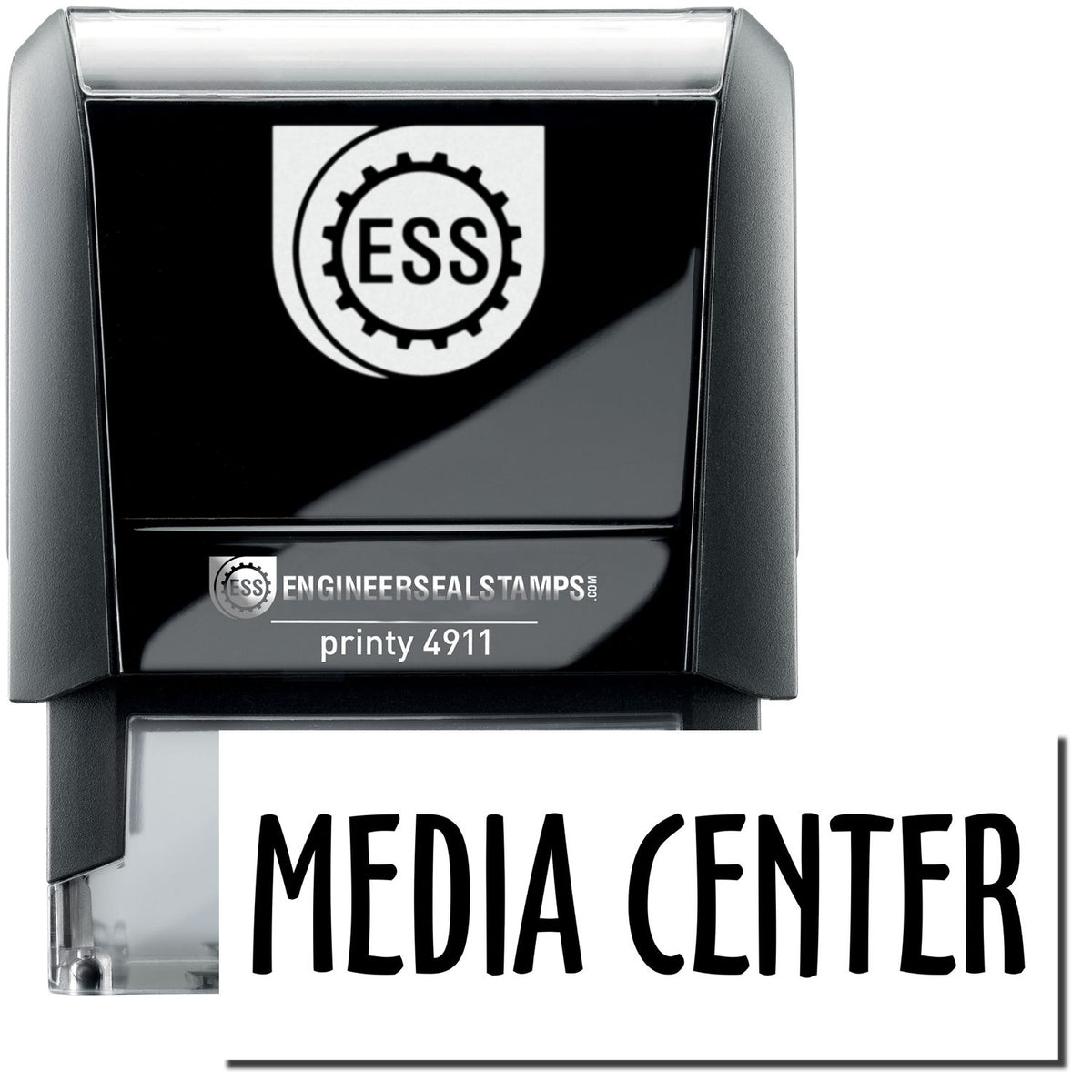 A self-inking stamp with a stamped image showing how the text &quot;MEDIA CENTER&quot; is displayed after stamping.