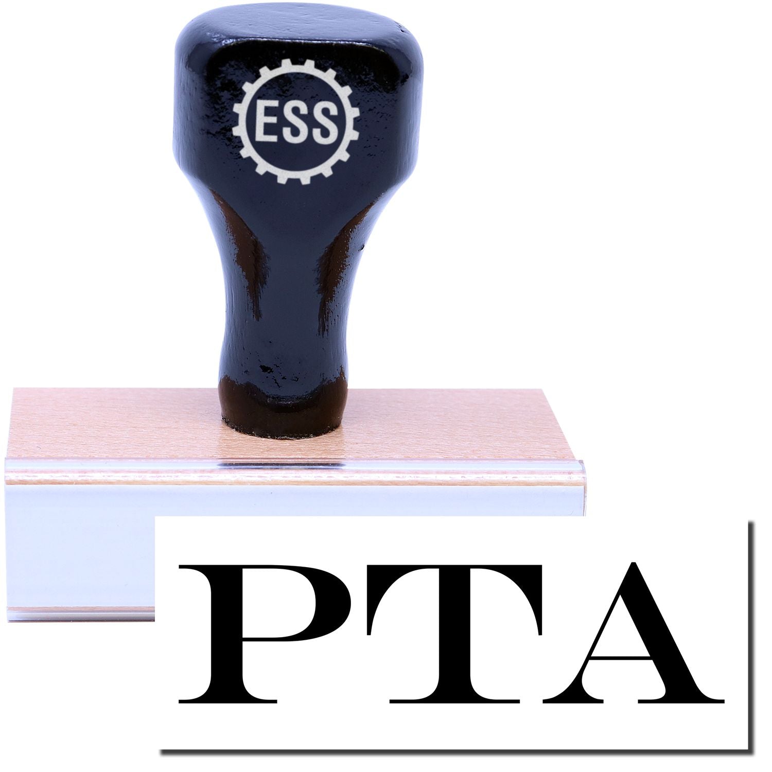 A stock office rubber stamp with a stamped image showing how the text PTA is displayed after stamping.