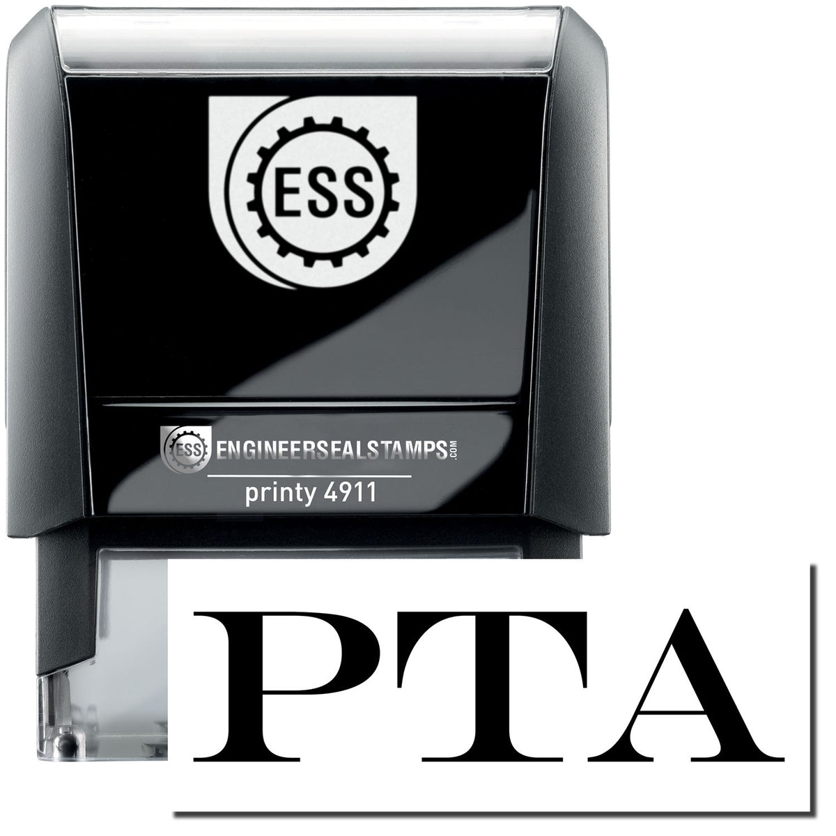 A self-inking stamp with a stamped image showing how the text &quot;PTA&quot; is displayed after stamping.