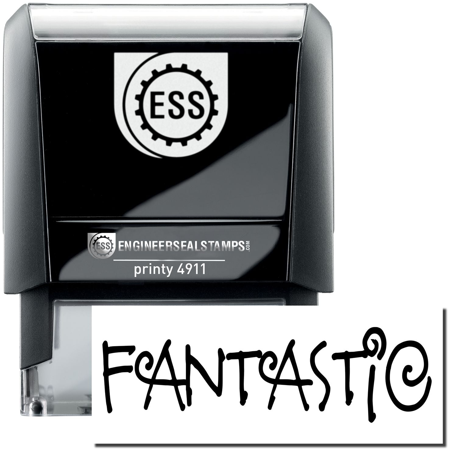 A self-inking stamp with a stamped image showing how the text "FANTASTIC" is displayed after stamping.