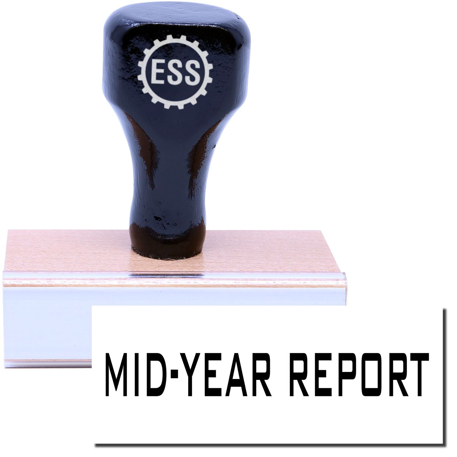 A stock office rubber stamp with a stamped image showing how the text MID-YEAR REPORT is displayed after stamping.