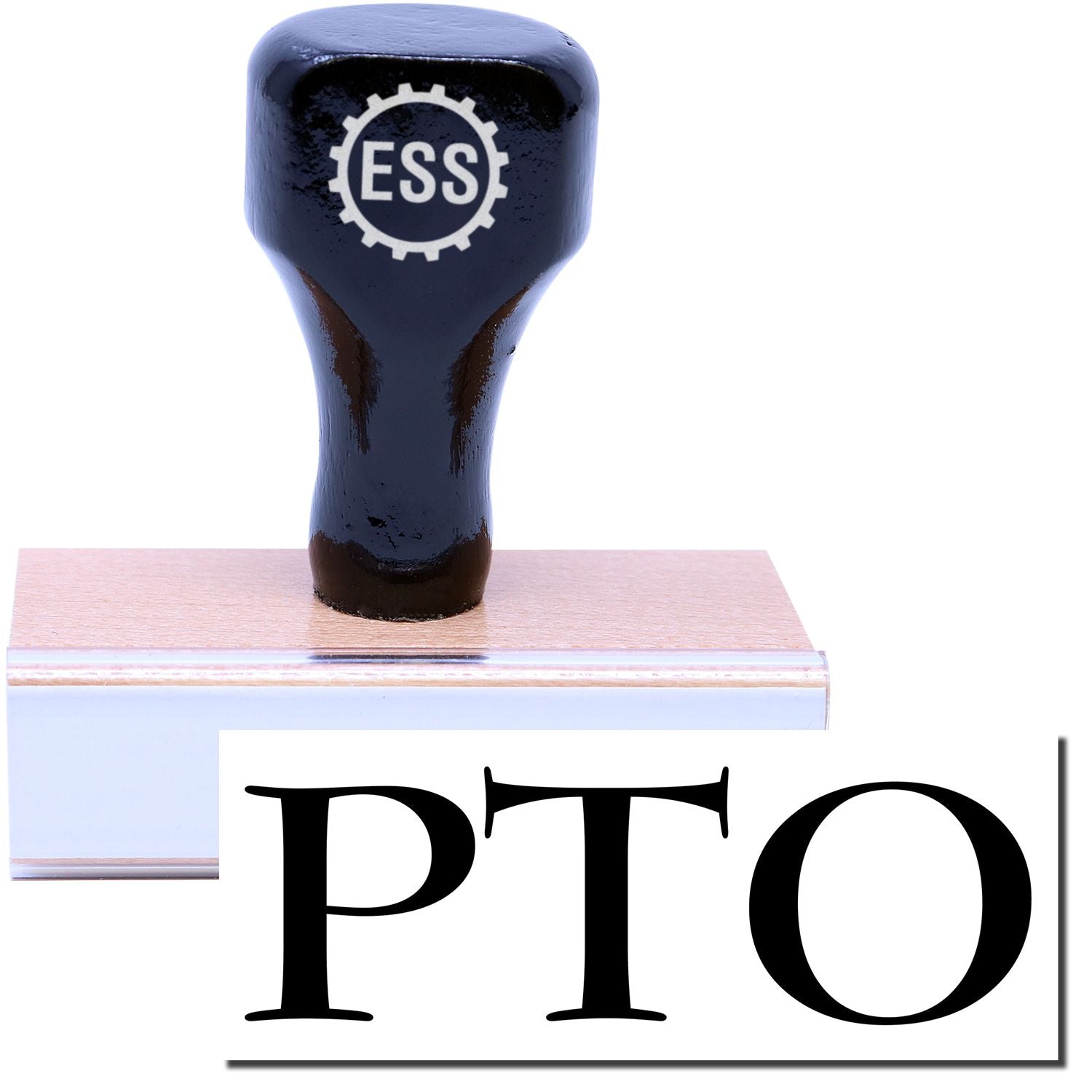 A stock office rubber stamp with a stamped image showing how the text "PTO" is displayed after stamping.