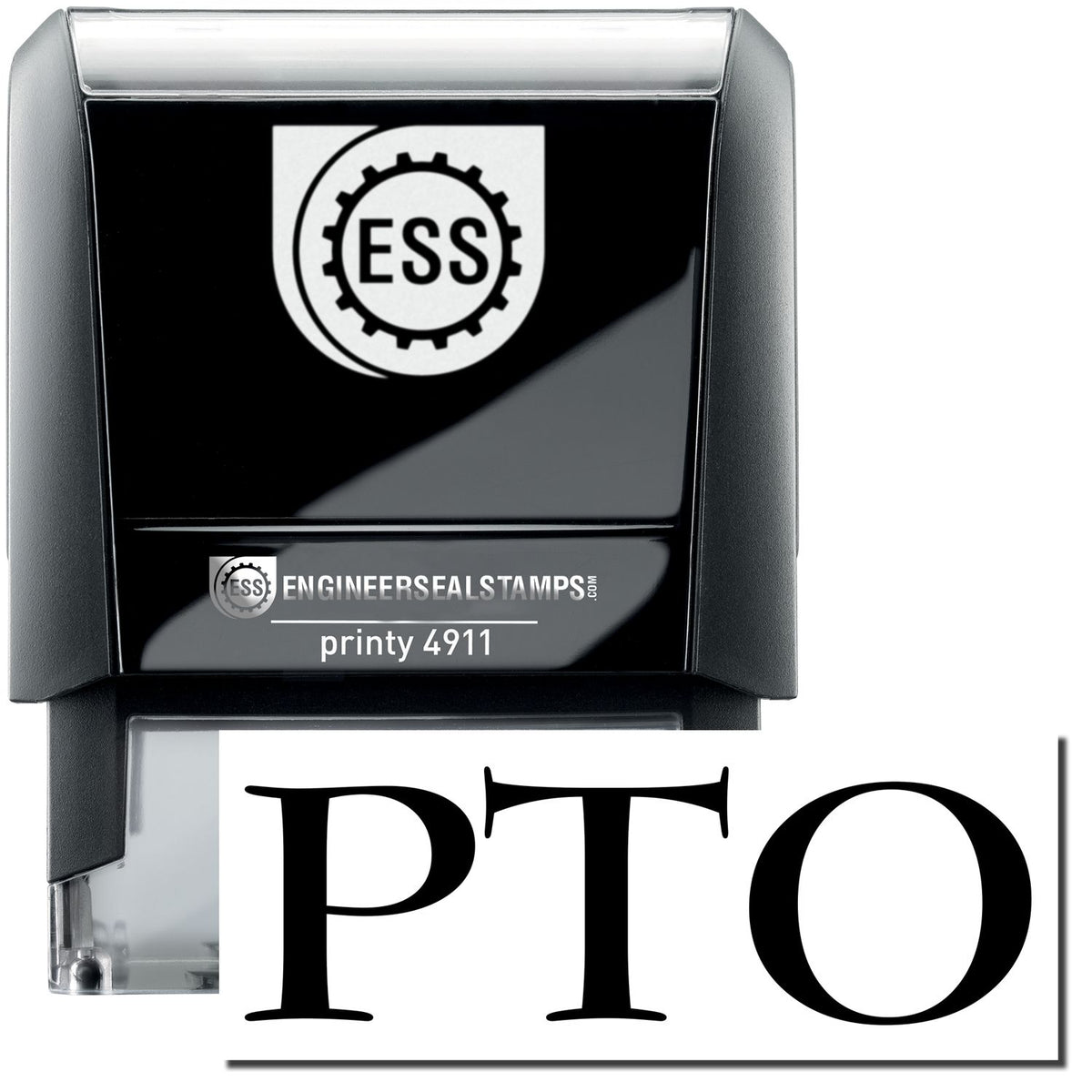 A self-inking stamp with a stamped image showing how the text &quot;PTO&quot; is displayed after stamping.