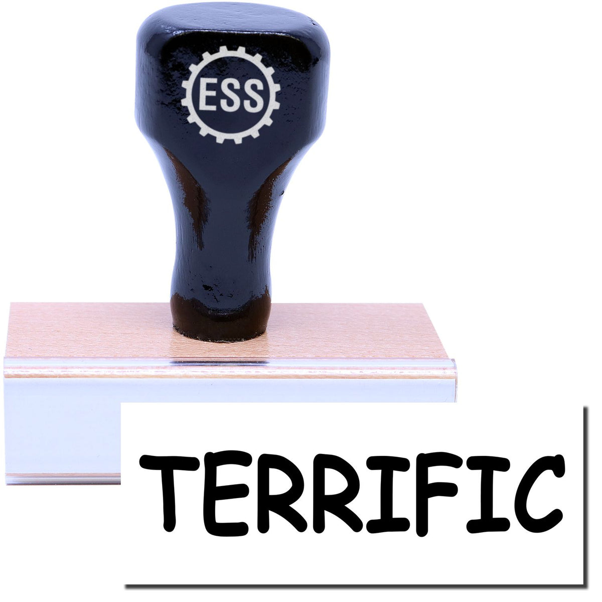 A stock office rubber stamp with a stamped image showing how the text &quot;TERRIFIC&quot; is displayed after stamping.