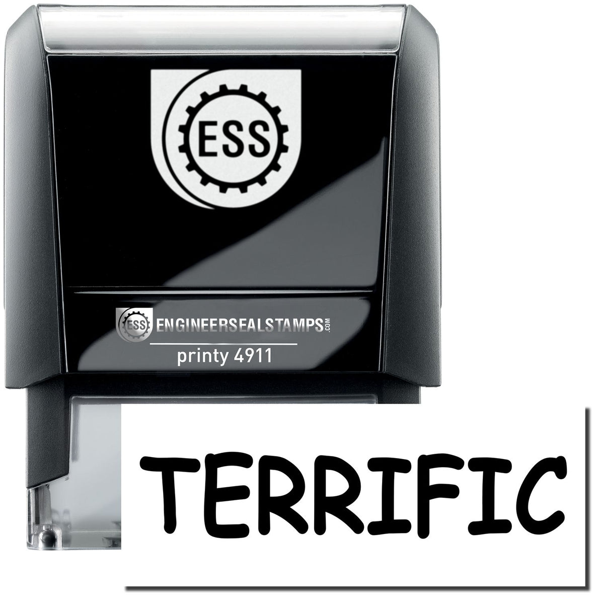 A self-inking stamp with a stamped image showing how the text &quot;TERRIFIC&quot; is displayed after stamping.