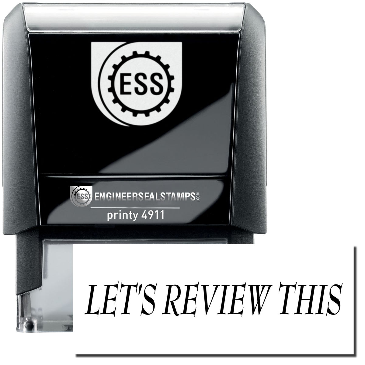 A self-inking stamp with a stamped image showing how the text &quot;LET&#39;S REVIEW THIS&quot; is displayed after stamping.