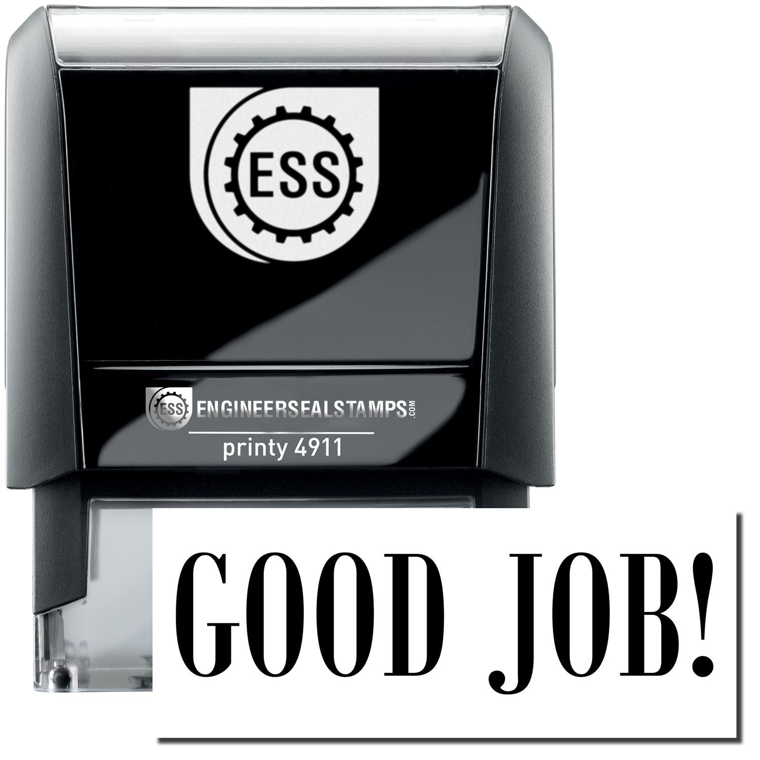 A self-inking stamp with a stamped image showing how the text "GOOD JOB!" is displayed after stamping.