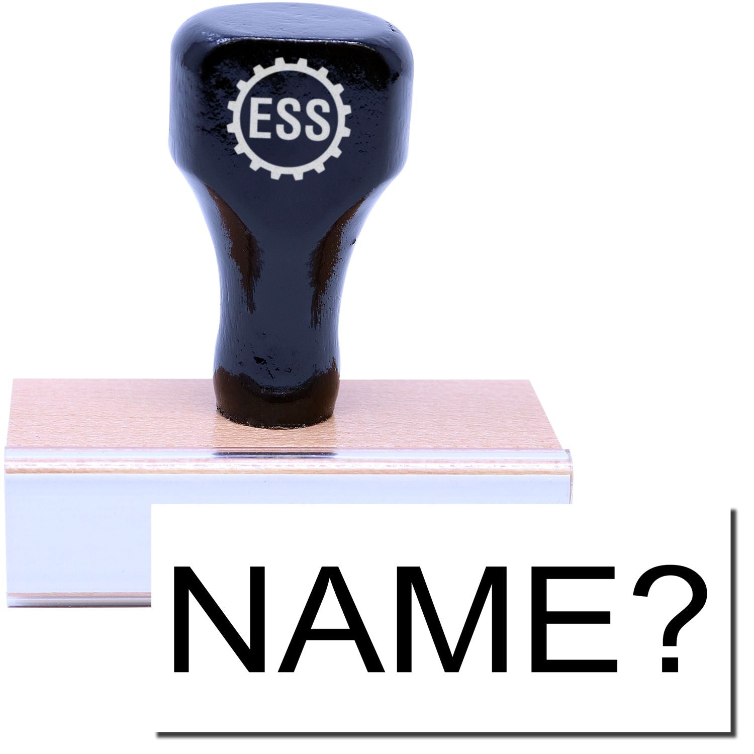 A stock office rubber stamp with a stamped image showing how the text "NAME?" is displayed after stamping.