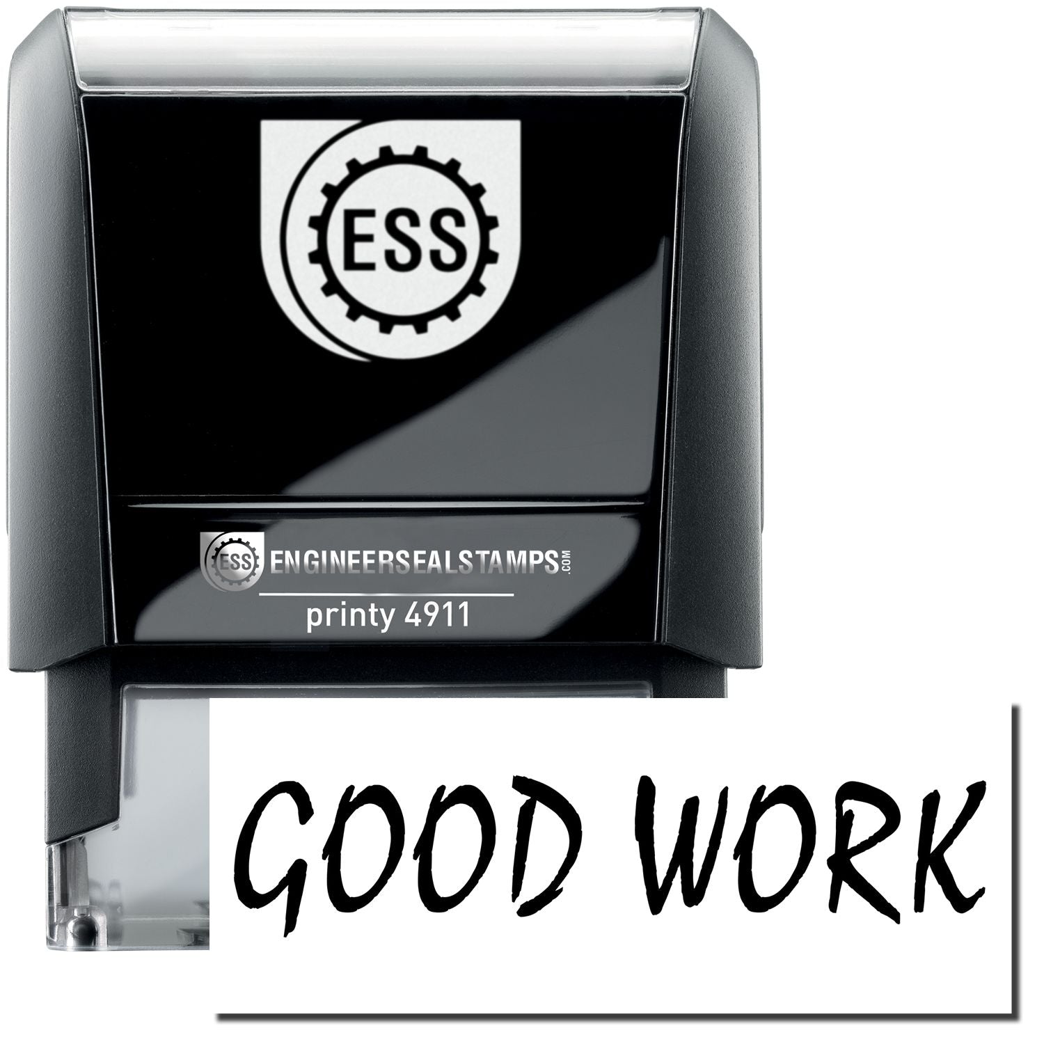 A self-inking stamp with a stamped image showing how the text GOOD WORK is displayed after stamping.