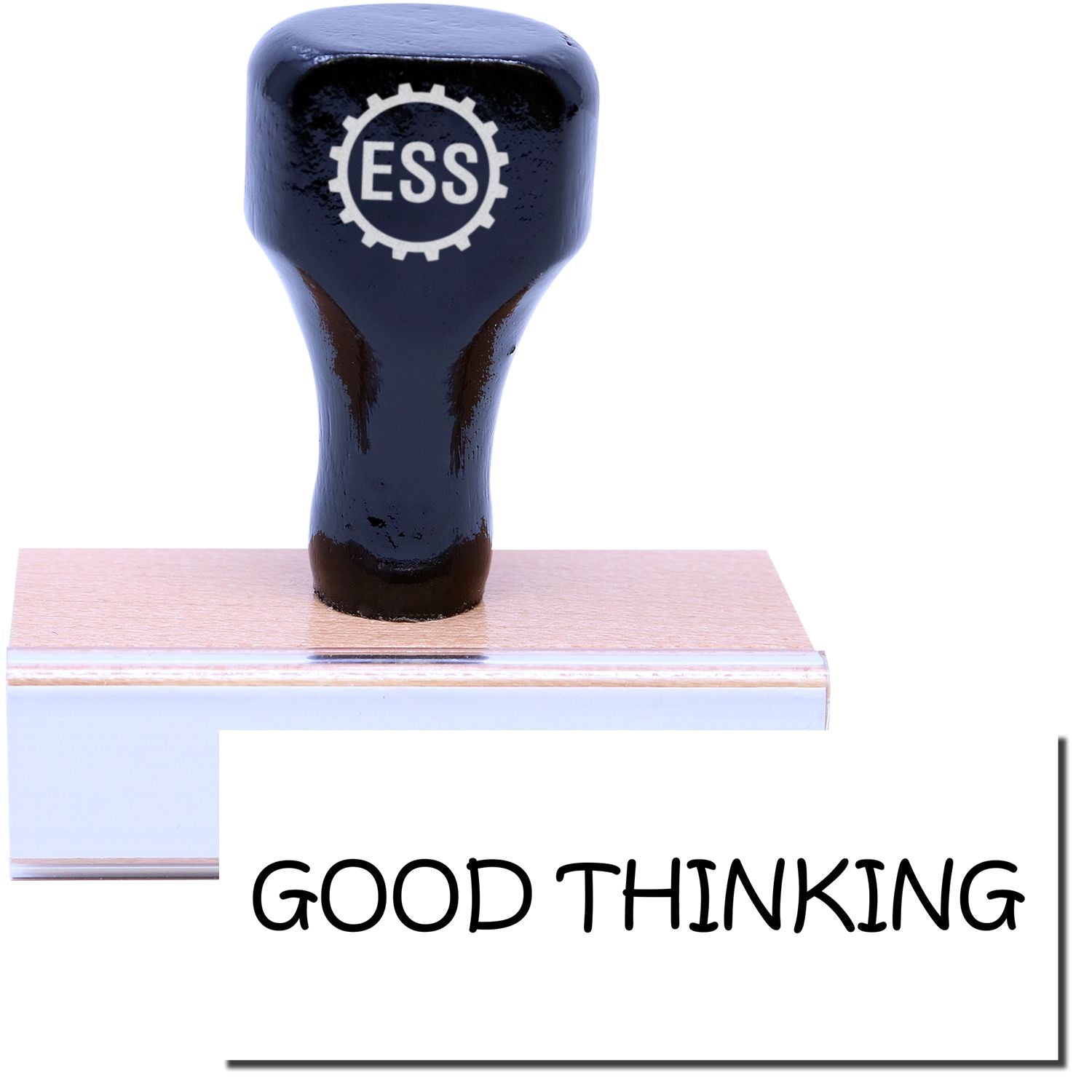 A stock office rubber stamp with a stamped image showing how the text GOOD THINKING is displayed after stamping.