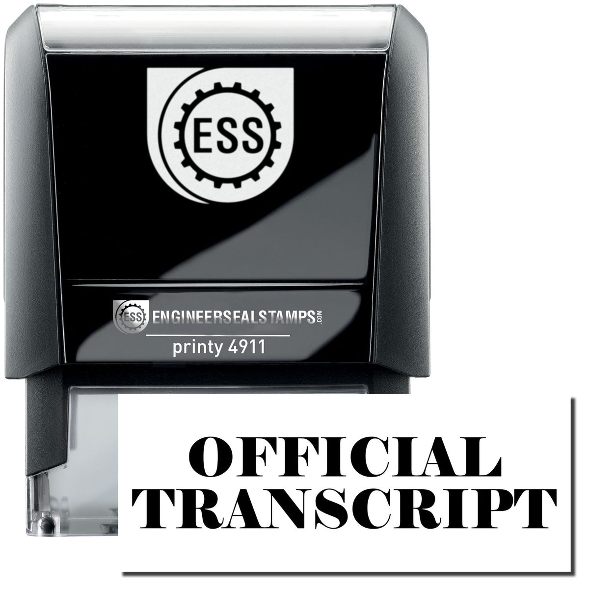 A self-inking stamp with a stamped image showing how the text &quot;OFFICIAL TRANSCRIPT&quot; is displayed after stamping.